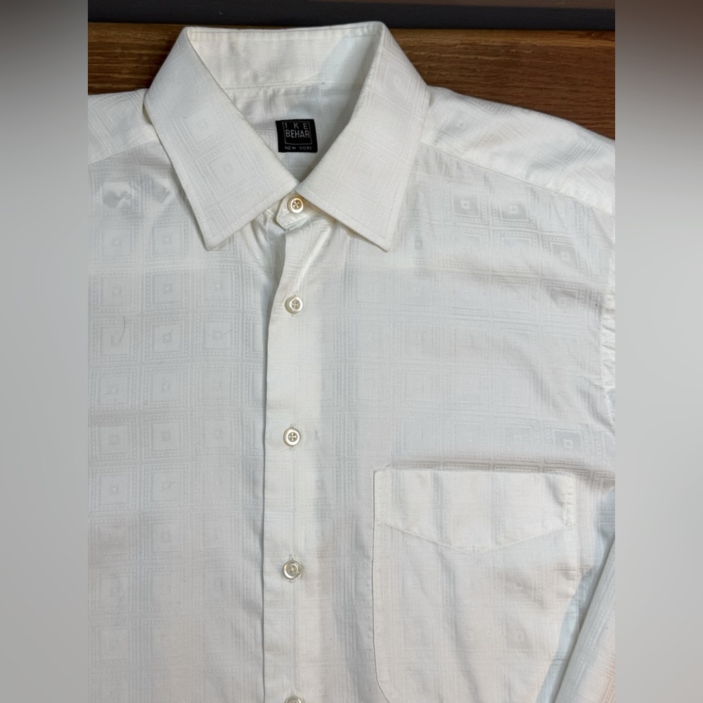 Ike Behar Mens Dress Shirt White 15/34 Geometric Squares Officewear Business